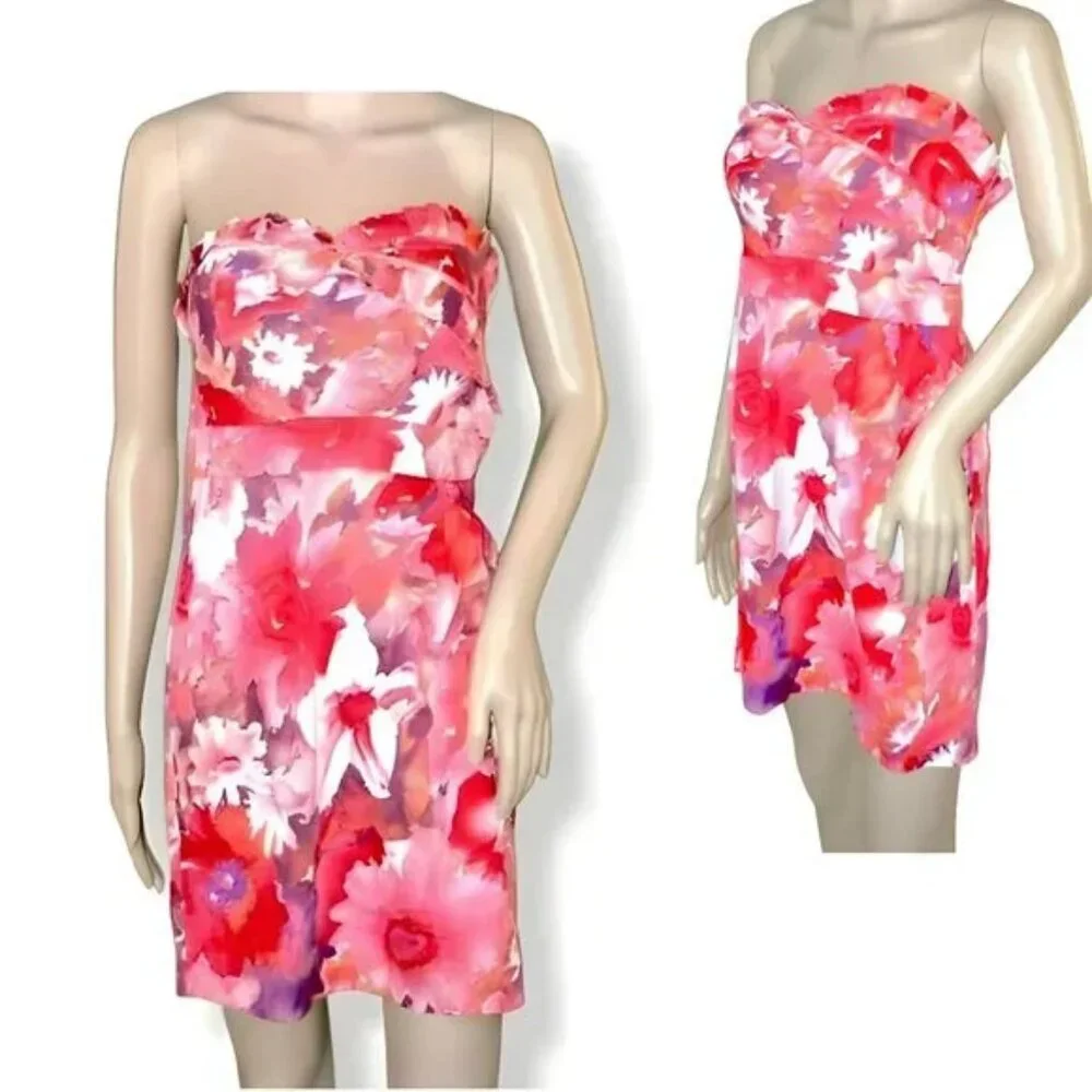 NWT Red Pink Purple Coral Sweetheart Tiered Hawaiian Floral Beach Sheath Dress M